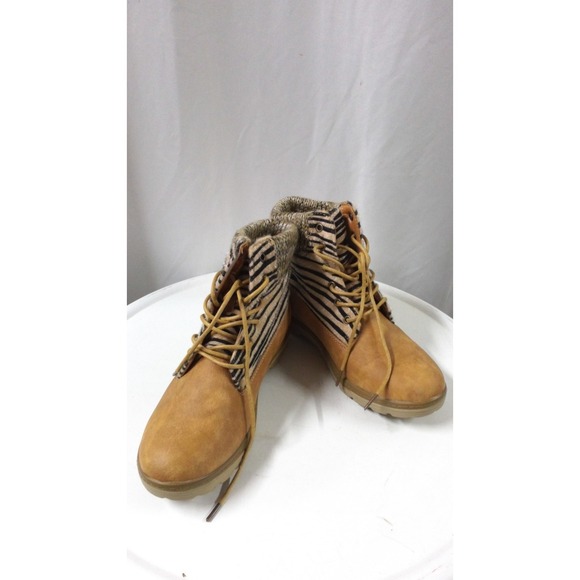 Shoes - Womens Tan Faux Suede Lace Up Ankle Boots Knit‎ Collar & Zebra Print Size 8.5